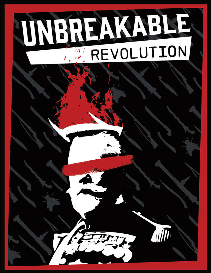 A silhouette of a general who wears a devilish crown bearing hellish flames. His eyes are blocked out by a red streak of paint. The figure is backed by a repeating pattern of weapons and flies.